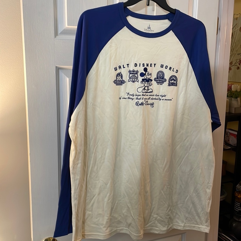 Walt Disney World long sleeve shirt. Cream with navy sleeves